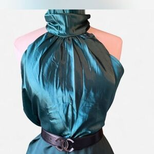 Satin High-Neck Halter Jumpsuit in Teal